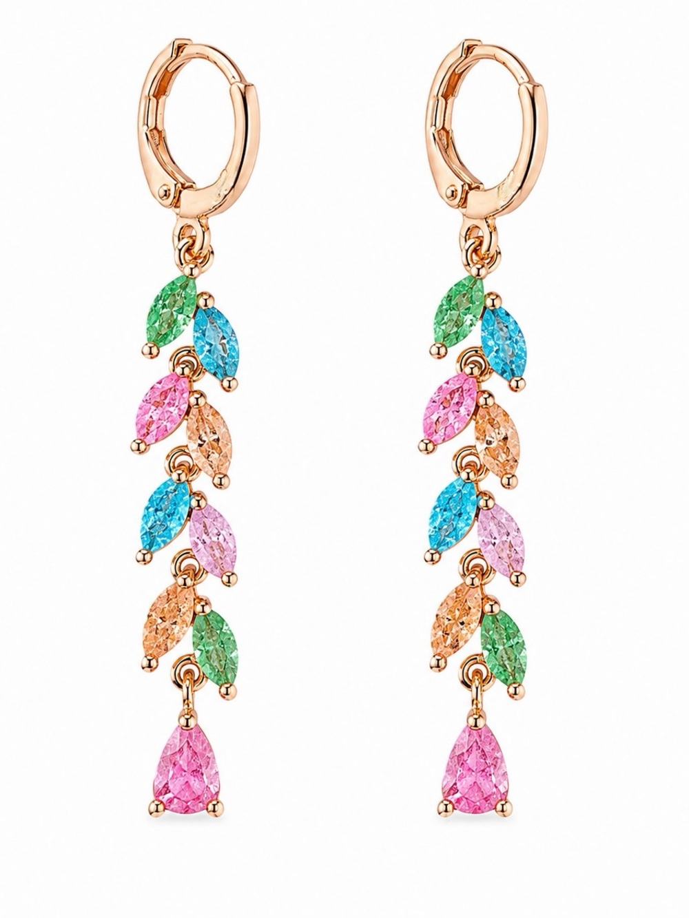 Multicolor CZ Huggie Hoop Dangle Earrings Candy Leaf 18K Gold Plated Rose NEW